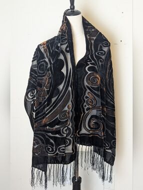 Y2K Silk Blend Burnout Velvet Scarf Black Devoré Fringe Shawl 90s Whimsigoth